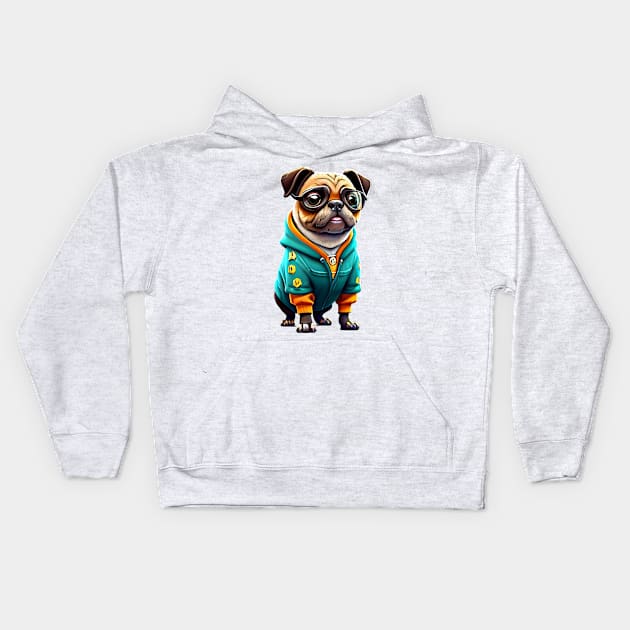 Cute Pug in Green Hoodie - Adorable Nerdy Dog T-shirt Design Kids Hoodie by fur-niche